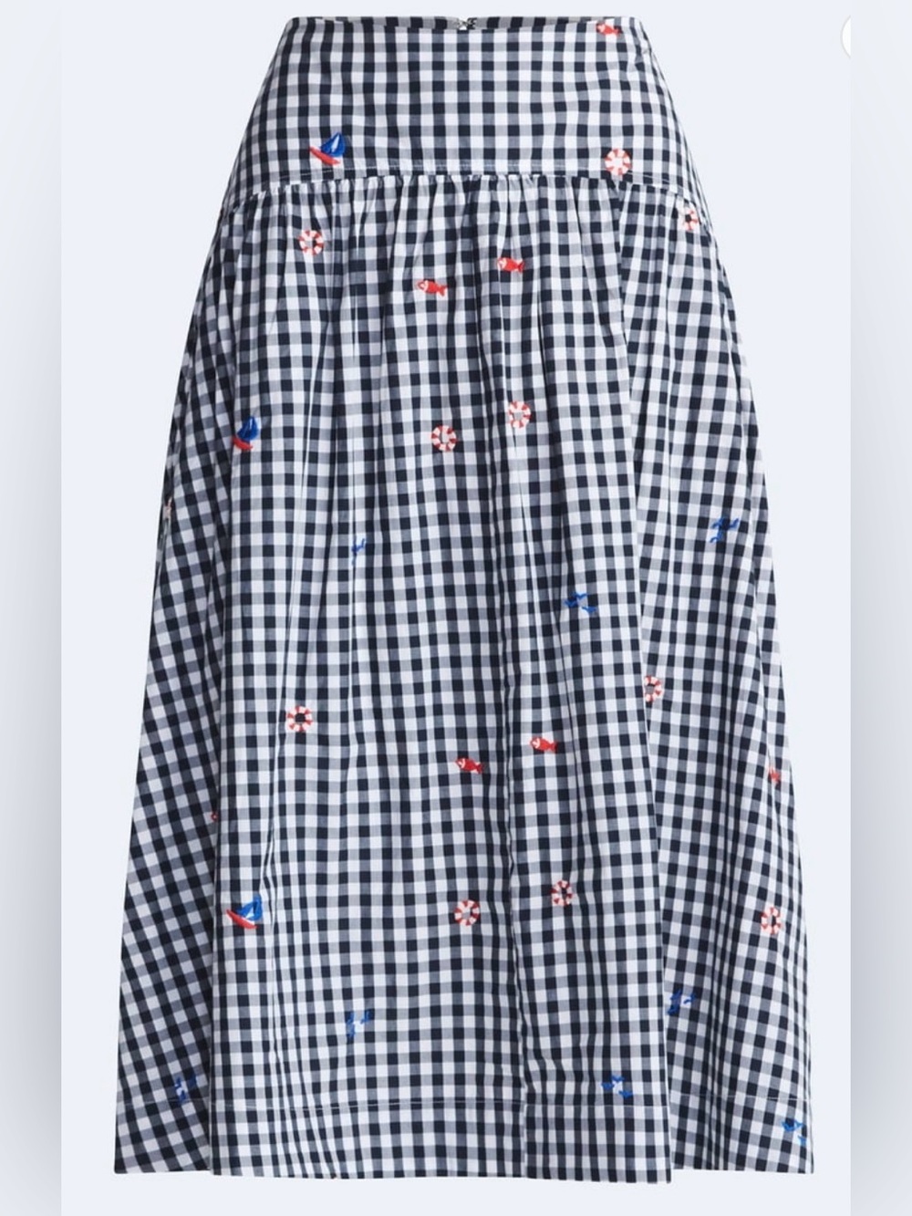 Navy Gingham Midi Skirt with Embroidered Floral Detail - Picture 2 of 3